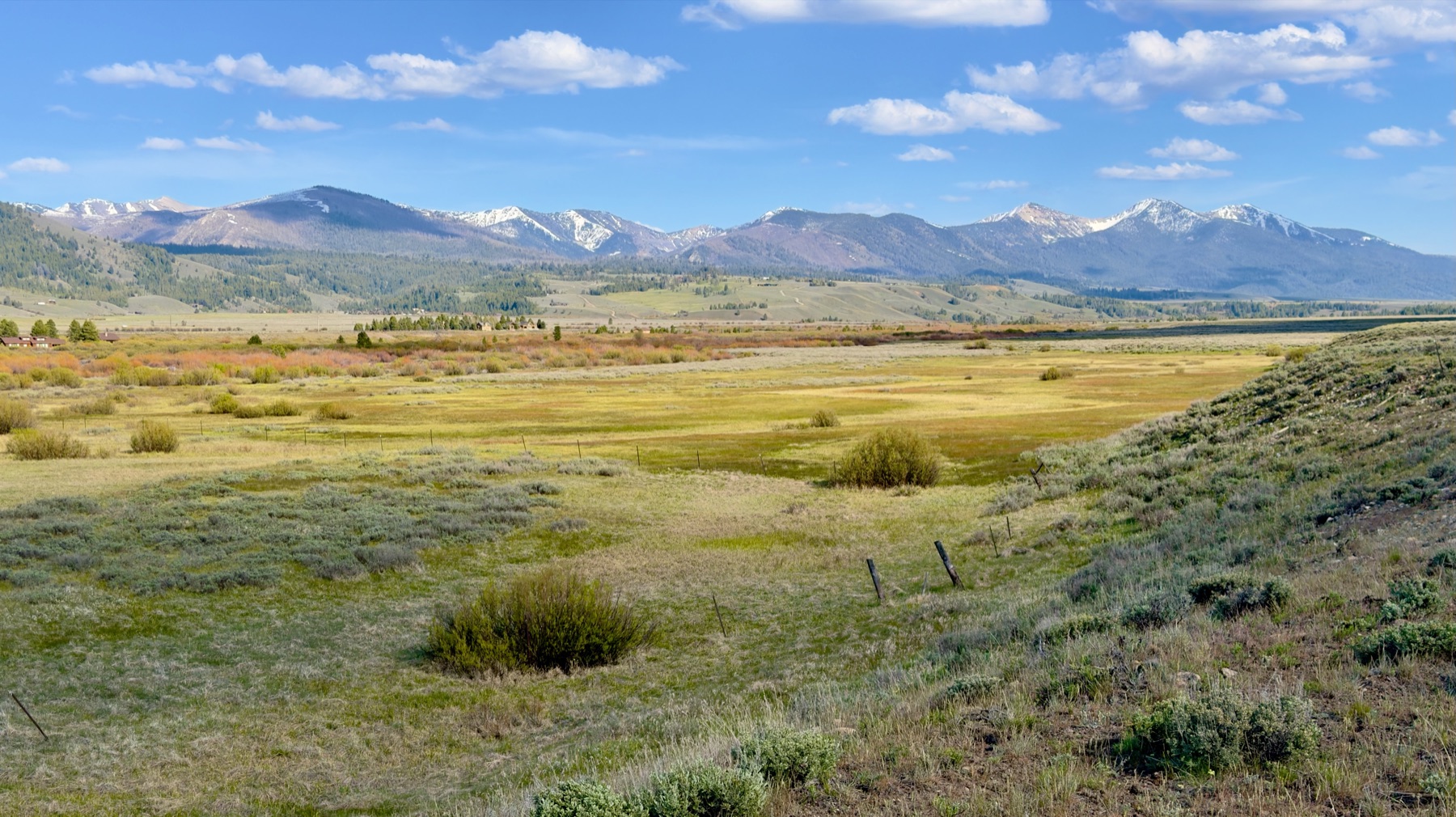 A wide meadow in the southern Sawtooth Valley with snow-capped peaks in the distance